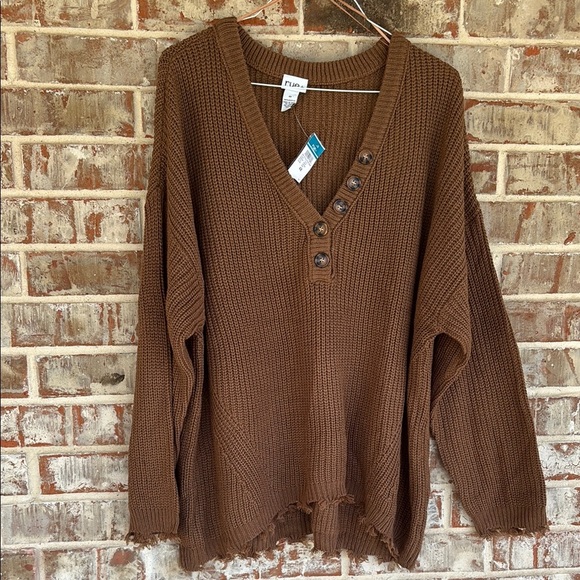 Rue 21+ Camel Color Ribbed Knit V-Neck Button Sweater - Picture 1 of 9